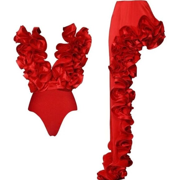 Sexy Glamorous Luxury Runway Party Outfit Ruffles Bodysuit Top Skirt Dress Cover - Picture 2 of 16